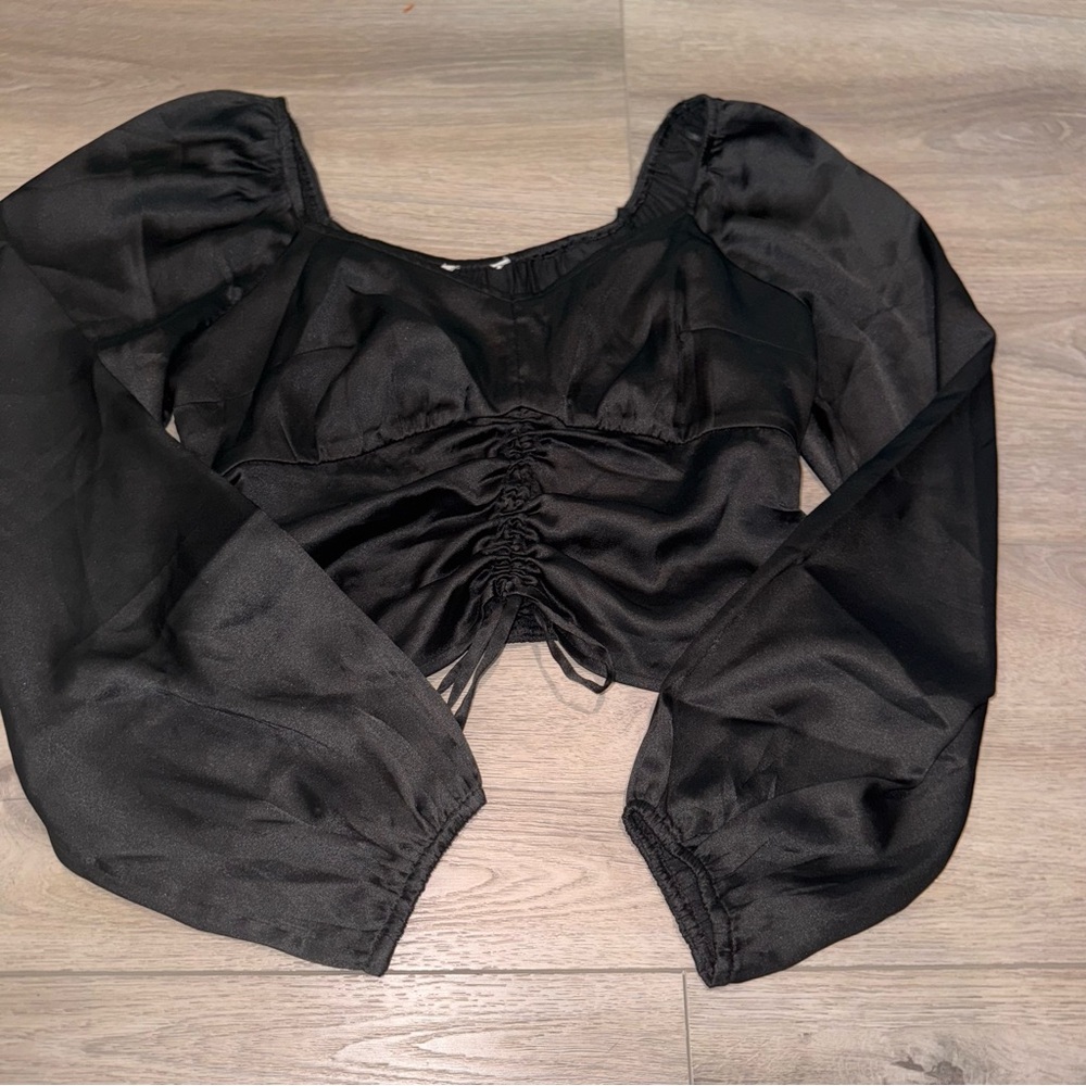 Hollister Black Ruched Crop Blouse with Bishop Sleeves